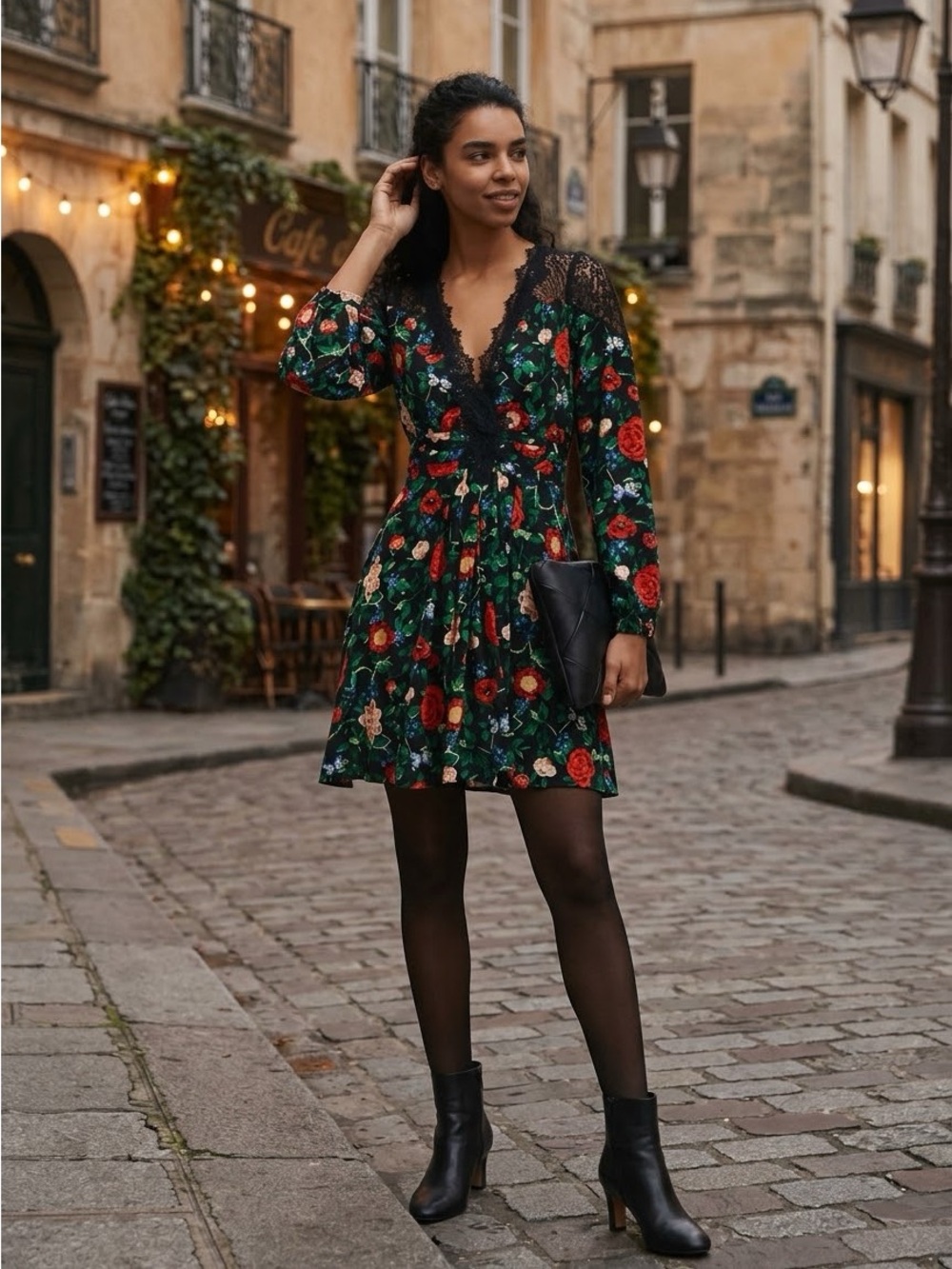 Anthropologie Floral Print Lace Trim V-Neck Fit & Flare Mini Dress